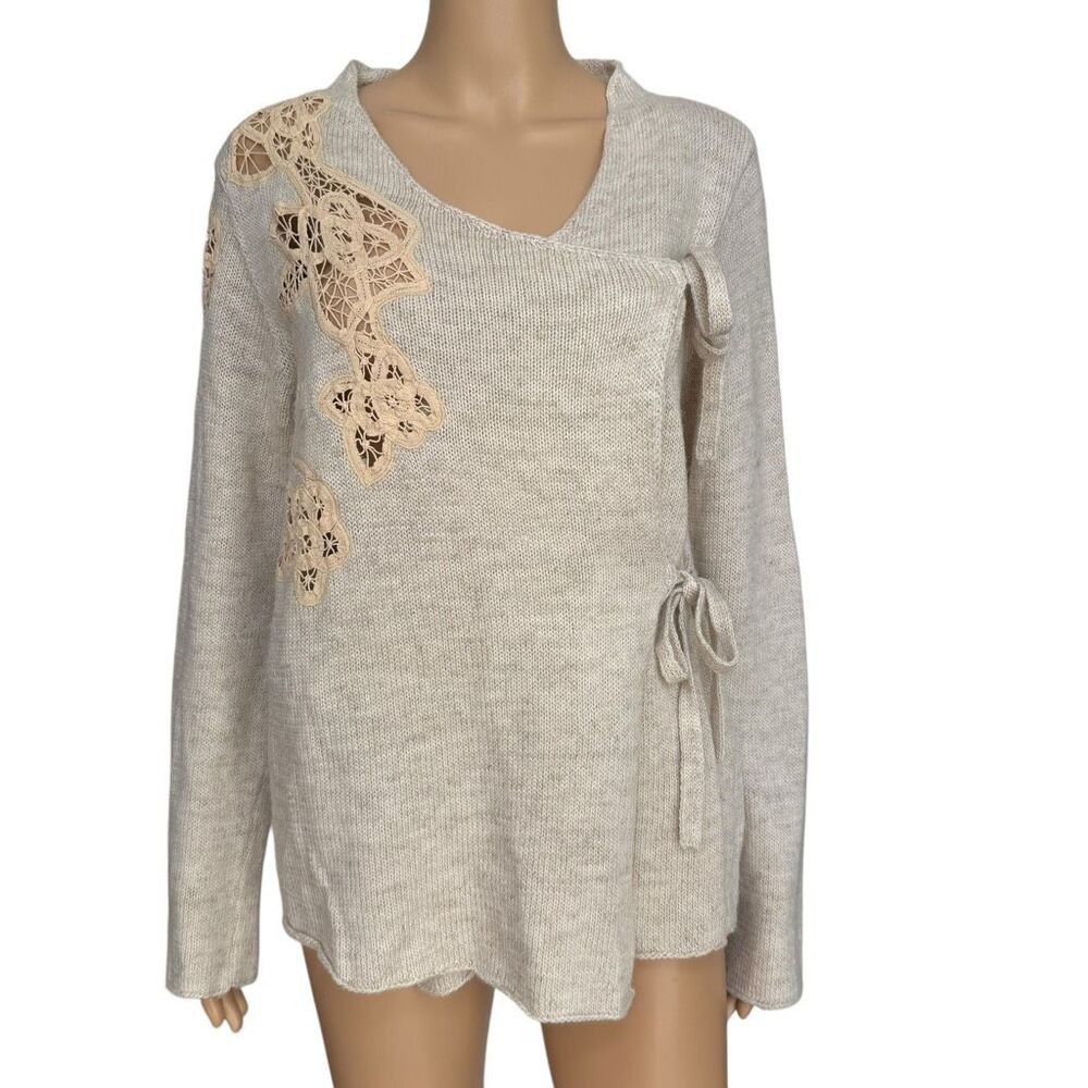 Anthropologie Moth Wool Linen Blend Crochet Wrap Sweater Top Cream size L